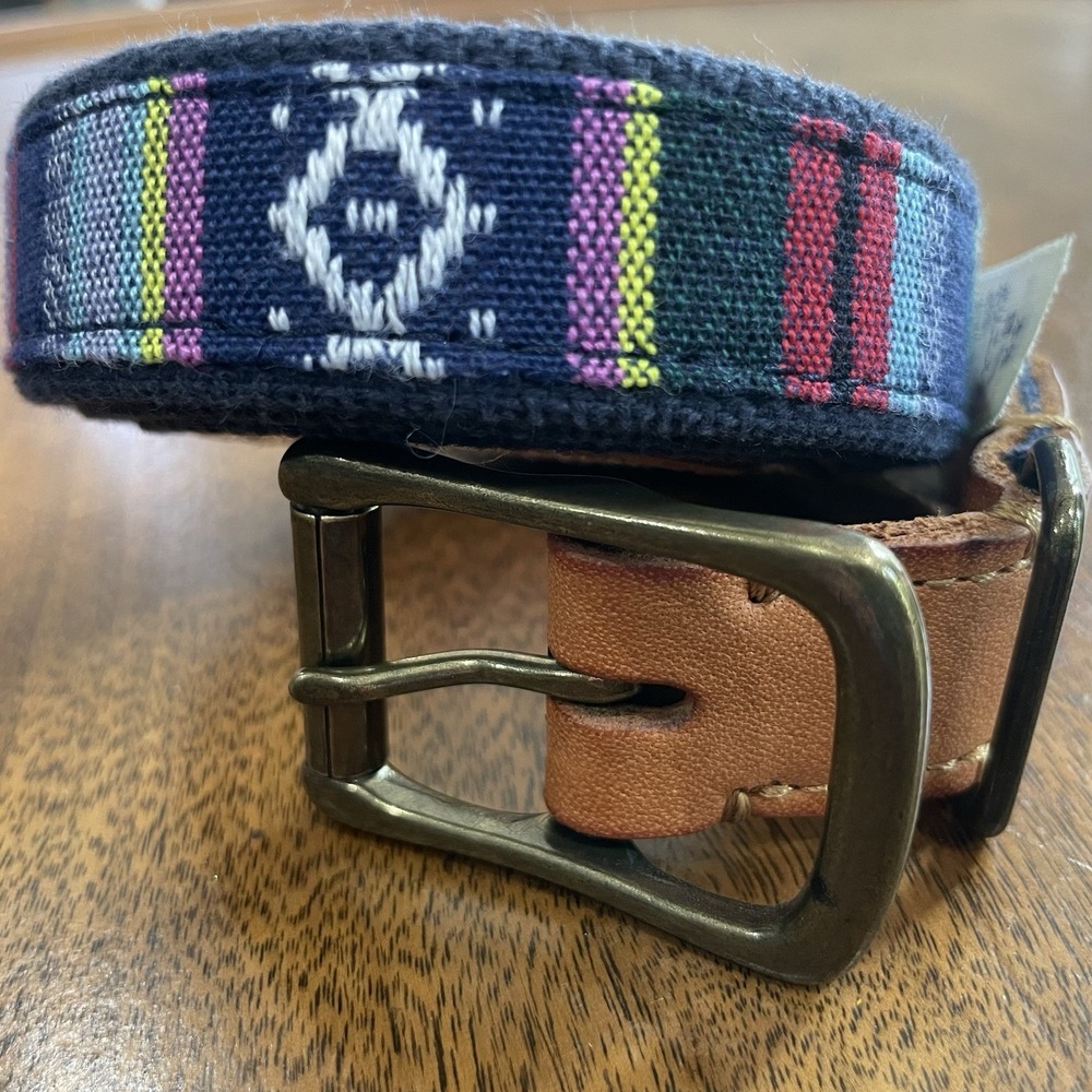Lands End Canvas 1963  Brown Leather Woven Printed Belt Brass Buckle 34"
